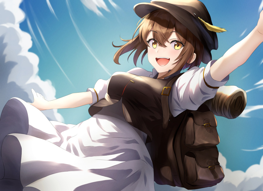 1girl, asanagi_shion, backpack, bag, bedroll, black_hat, breasts, brown_bag, brown_hair, cloud, dress, hat, hat_feather, medium_breasts, octopath_traveler, octopath_traveler_i, open_mouth, short_hair, short_sleeves, sky, solo, tressa_(octopath_traveler), tressa_colzione, white_dress, yellow_eyes