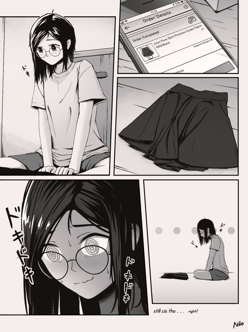 1boy, @_@, artist_name, artist_self-insert, between_legs, cellphone, closed_mouth, comic