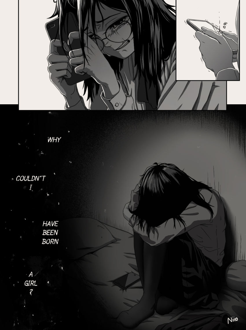 1boy, artist_name, artist_self-insert, buttoned_cuffs, buttons, cellphone, clenched_teeth, comic, commentary, crossdressing, crossdressing_(mtf), crying, crying_with_eyes_open, depressed, english_text, feminine, gender_dysphoria, glasses, greyscale, highres, holding, holding_phone, hugging_own_legs, knees_up, long_sleeves, medium_hair, monochrome, niio_(niiochi), niio_(niiochi)_(person), on_bed, original, phone, shirt, signature, sitting, smartphone, straight_hair, untranslatable_commentary, tears, teeth
