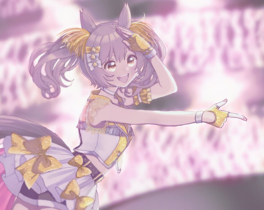 1girl, animal_ears, arm_garter, arm_up, belt, black_shorts, blurry, blurry_background