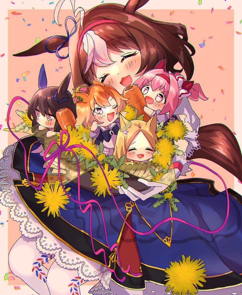 5girls, :3, admire_vega_(umamusume), ahoge, animal_ears, basket, blonde_hair, blue_skirt, blush, brown_hair, carrot, closed_eyes, confetti, crown, ffr_new, flower, gloves, hairband, haru_urara_(umamusume), highres, holding, holding_basket, horse_ears, horse_girl, horse_tail, meisho_doto_(umamusume), mini_person, minigirl, multicolored_hair, multiple_girls, narita_top_road_(umamusume), open_mouth, orange_hair, pantyhose, pink_hair, pink_ribbon, ribbon, short_hair, skirt, smile, solo_focus, streaked_hair, t.m._opera_o_(umamusume), tail, umamusume, white_gloves, white_pantyhose