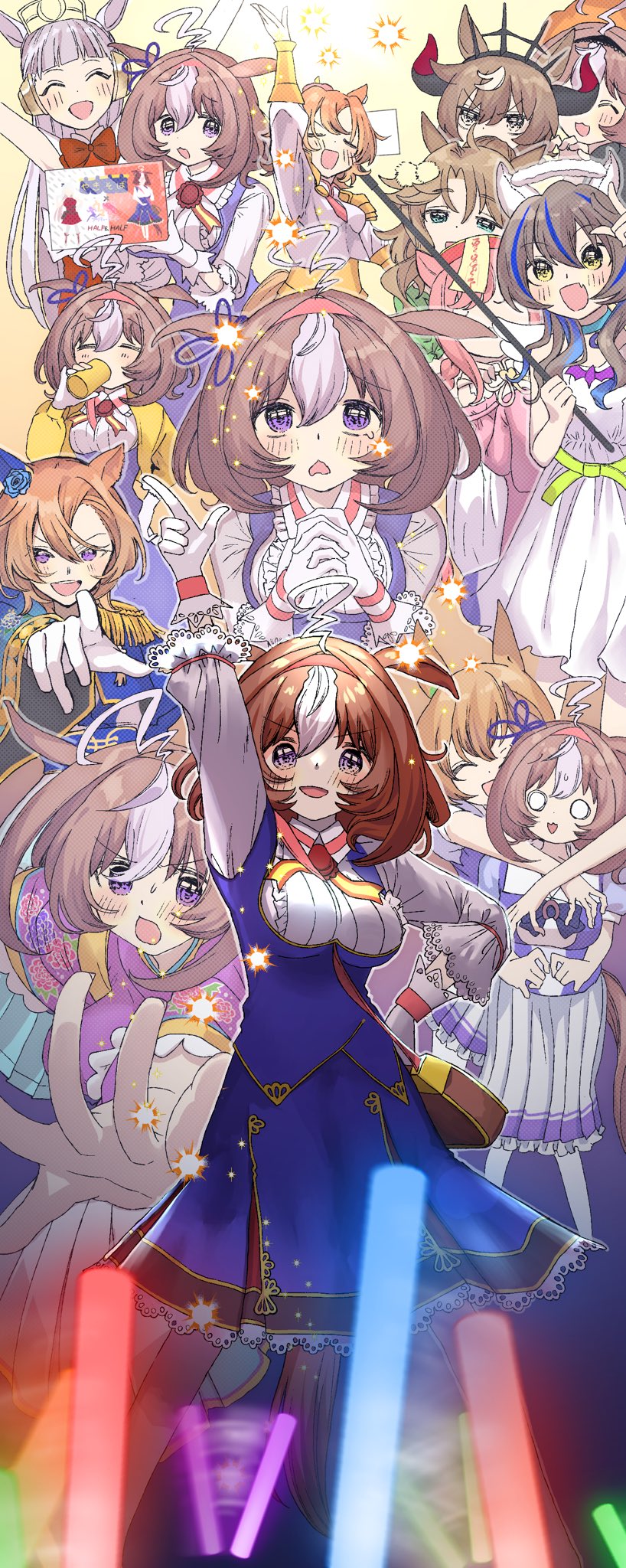 6+girls, ^_^, agnes_digital_(lovely_jiangshi)_(umamusume), agnes_digital_(umamusume), ahoge, animal_ears, arms_up, bag, belt, between_breasts, blue_jacket, blue_skirt, blue_vest, blush, bow, bowtie, breasts, brown_hair, closed_eyes, collared_shirt, cup, daitaku_helios_(sunshine_angel)_(umamusume), daitaku_helios_(umamusume), dress, drinking, epaulettes, ffr_new, gloves, glowstick, gold_ship_(umamusume), grey_hair, hairband, halo, hat, highres, holding, holding_cup, horns, horse_ears, horse_girl, horse_tail, hug, hug_from_behind, jacket, japanese_clothes, kimono, long_hair, long_sleeves, looking_at_viewer, medium_breasts, medium_hair, meisho_doto_(dot-o'-lantern)_(umamusume), meisho_doto_(padding_sores_should_she_go_flying)_(umamusume), meisho_doto_(umamusume), mejiro_palmer_(umamusume), multicolored_hair, multiple_girls, o_o, ofuda, open_mouth, orange_hair, outstretched_arms, own_hands_together, pink_kimono, pointing, pointing_at_viewer, purple_eyes, purple_shirt, reaching, reaching_towards_viewer, school_uniform, selfie, selfie_stick, shinko_windy_(burst_out!_the_demon_king's_army_of_terror)_(umamusume), shinko_windy_(umamusume), shirt, short_hair, shoulder_bag, skirt, smile, solo_focus, sparkle, strap_between_breasts, streaked_hair, t.m._opera_o_(new_year_same_radiance!)_(umamusume), t.m._opera_o_(umamusume), taiki_shuttle_(umamusume), tail, tearing_up, tracen_school_uniform, umamusume, vest, white_dress, white_gloves, white_shirt, white_skirt, yakisoba