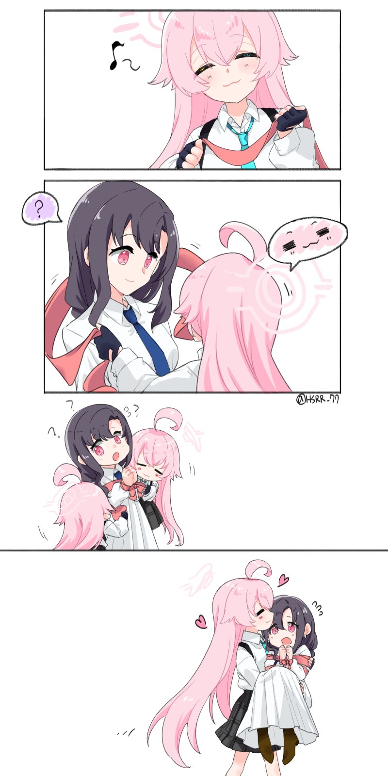 2girls, 4koma, ?, ahoge, black_gloves, black_hair, blue_archive, blue_necktie