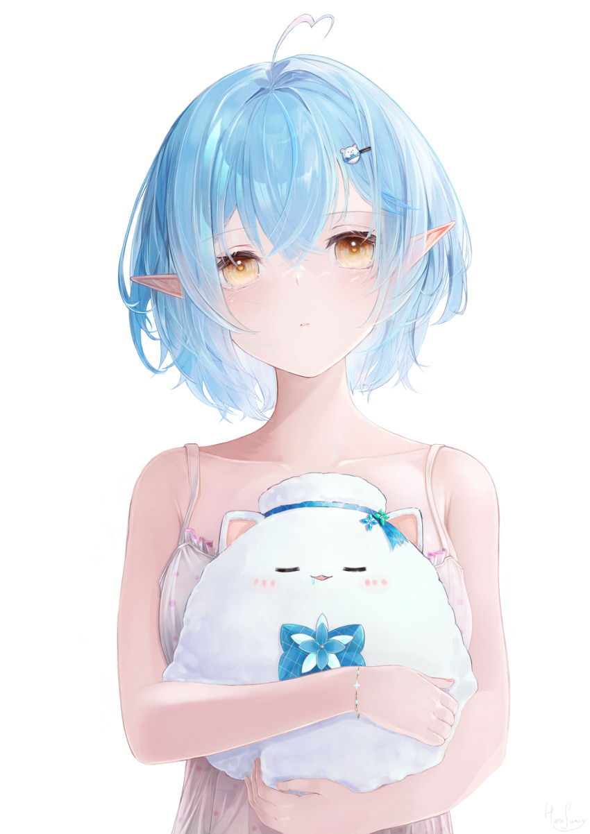 1girl, ahoge, bare_arms, bare_shoulders, blue_hair, blush, bob_cut, bracelet