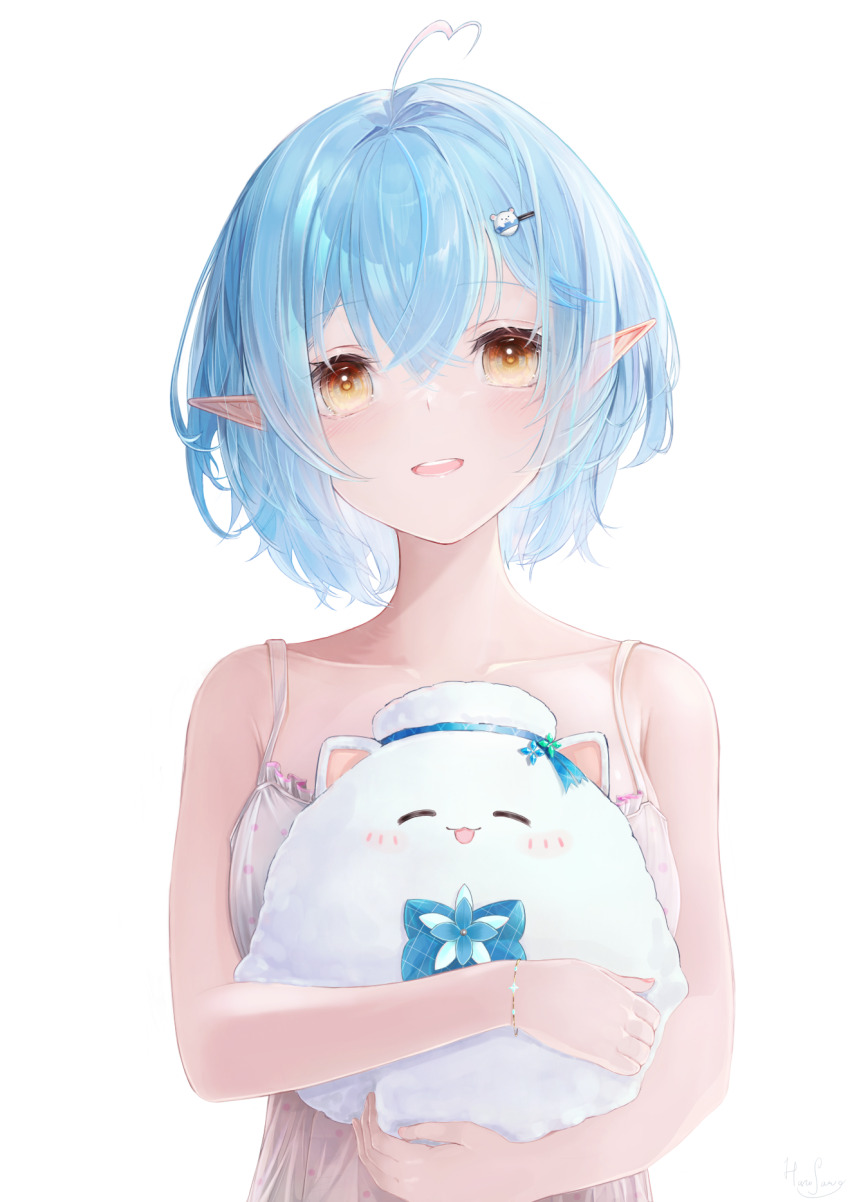 1girl, ahoge, bare_arms, bare_shoulders, blue_hair, blush, bob_cut, bracelet