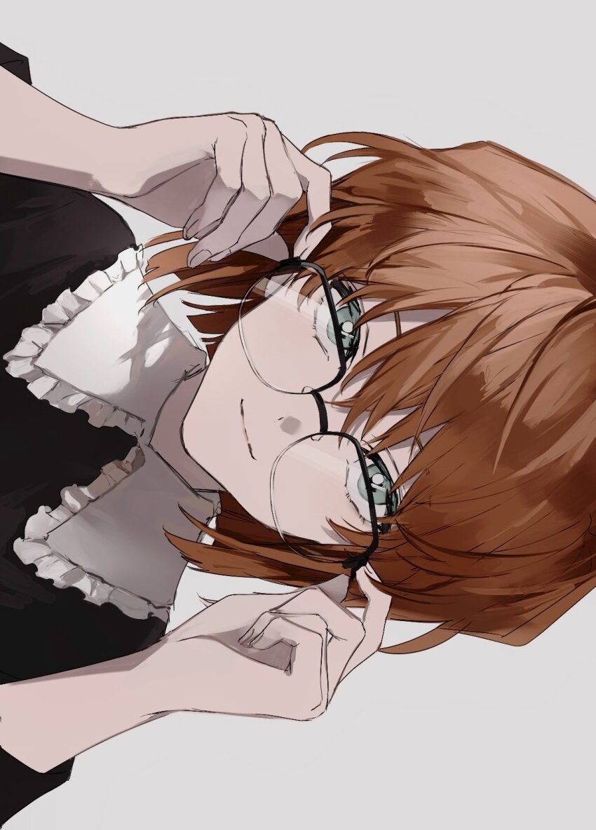 1girl, black_shirt, blue_eyes, brown_hair, collar, commentary, glasses, grey_background, haibara_ai, highres, holding, holding_removed_eyewear, looking_at_viewer, meitantei_conan, meitantei_conan_kurogane_no_submarine, nozz177, portrait, shirt, short_hair, sideways, simple_background, smile, solo, unworn_eyewear, white_collar
