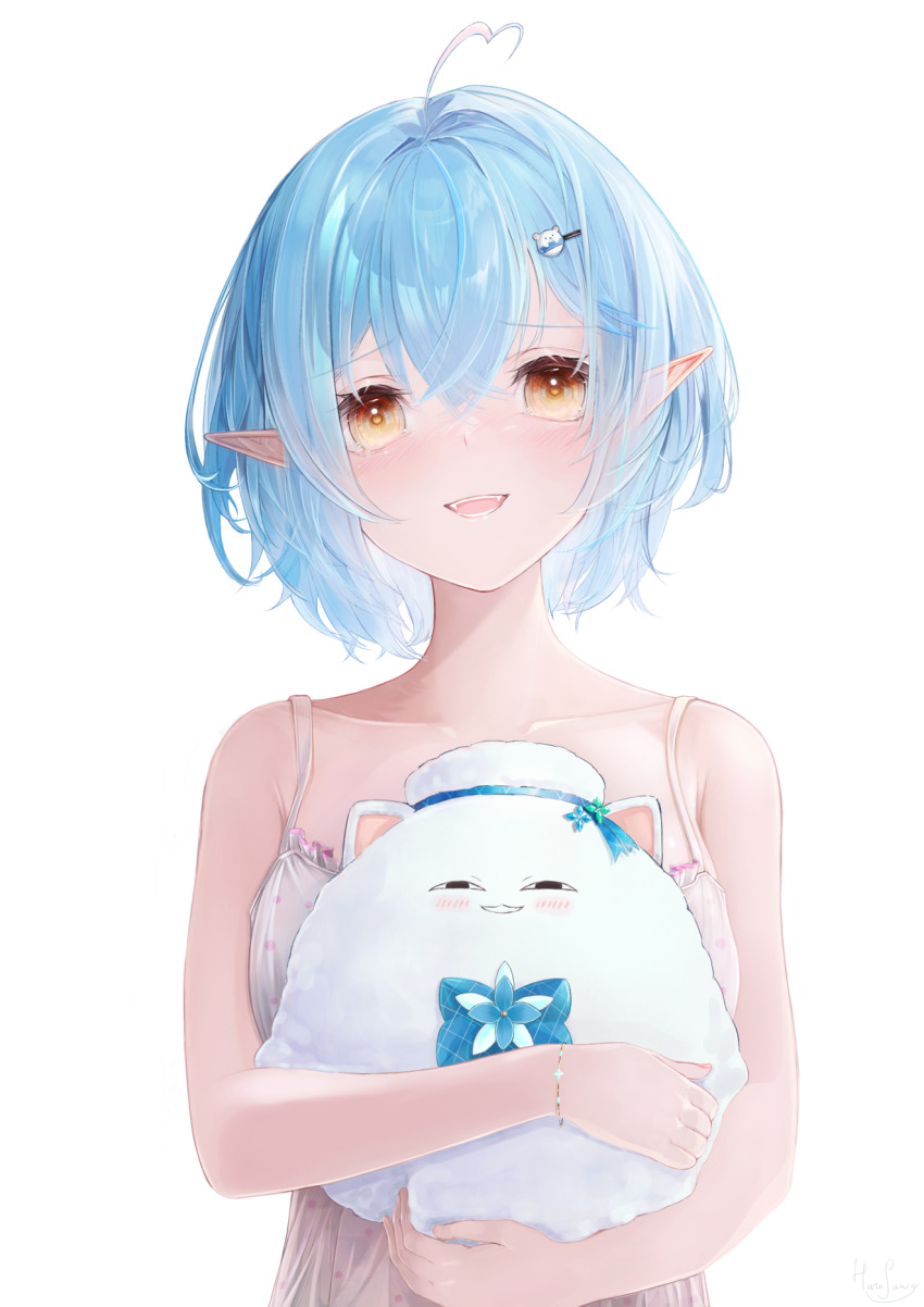 1girl, ahoge, bare_arms, bare_shoulders, blue_hair, blush, bob_cut, bracelet