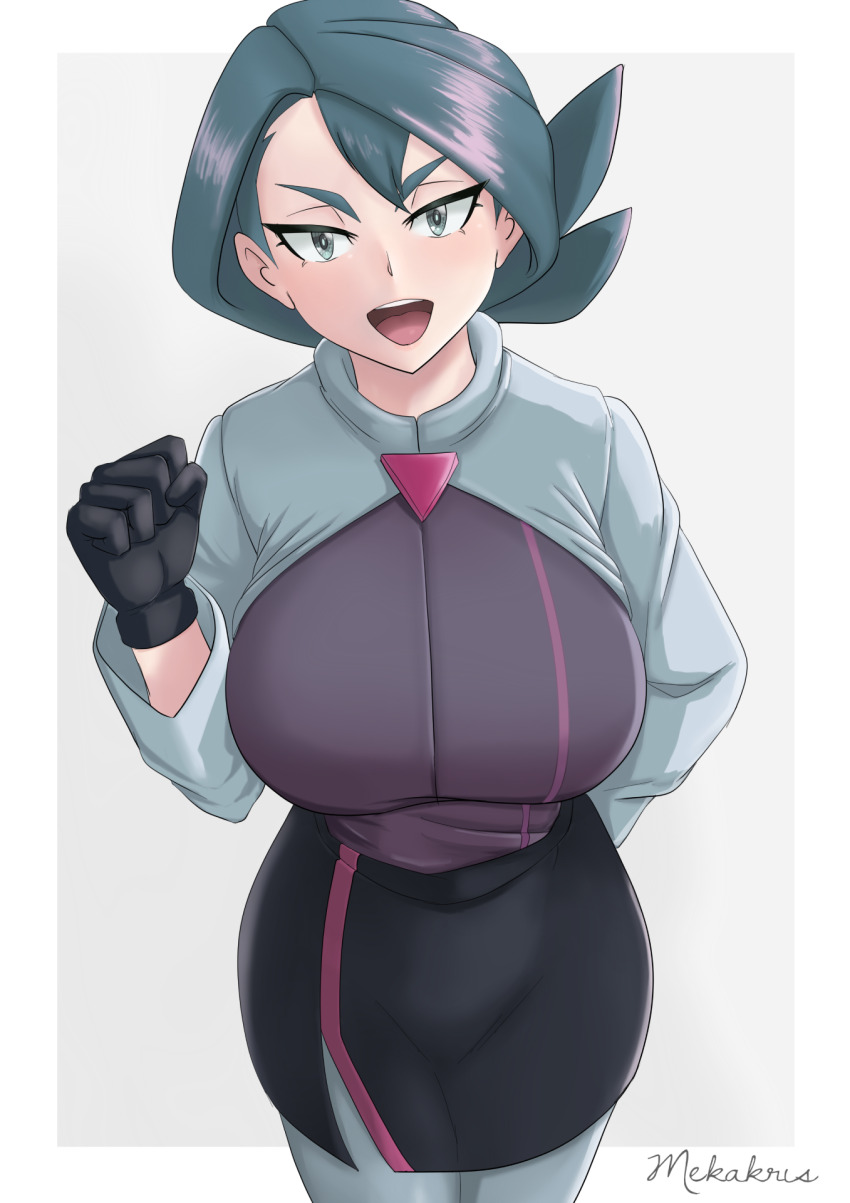 1girl, :d, black_gloves, black_skirt, border, breasts, clenched_hand, commentary, cropped_jacket, eyelashes, gloves, green_hair, grey_background, grey_eyes, grey_jacket, grey_pantyhose, hand_up, highres, jacket, large_breasts, long_hair, long_sleeves, looking_at_viewer, mekakris, nintendo, onia_(pokemon), open_mouth, pantyhose, pokemon, pokemon_(anime), pokemon_horizons, purple_shirt, shirt, signature, skirt, smile, solo, teeth, tongue, upper_teeth_only, white_border