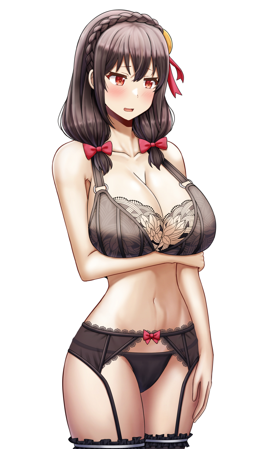 1girl, absurdres, blush, bra, braid, breasts, brown_hair, cleavage, garter_belt, garter_straps, highres, kono_subarashii_sekai_ni_shukufuku_wo!, large_breasts, lingerie, long_hair, navel, open_mouth, panties, red_eyes, saikunartworks, simple_background, smile, solo, standing, underwear, white_background, yunyun_(konosuba)