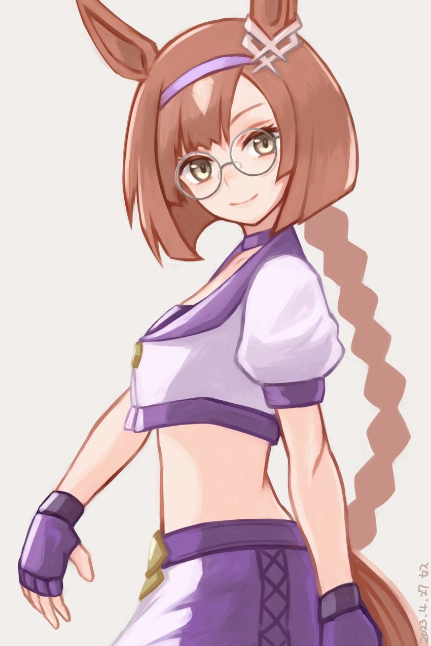 absurdres, animal_ears, blue_skirt, bob_cut, crop_top, ear_ornament, fingerless_gloves, glasses