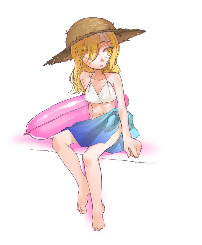 1girl, barefoot, blonde_hair, boku_to_maou, brown_hat, collarbone, commentary_request, full_body, hat, highres, innertube, kijima_(amayadori-tei), long_hair, rosalyn_(boku_to_maou), simple_background, solo, straw_hat, swim_ring, swimsuit, white_background, yellow_eyes