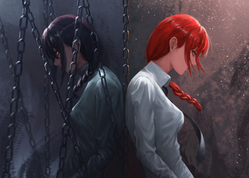 2girls, absurdres, back-to-back, black_hair, black_necktie, braid, braided_ponytail, chain