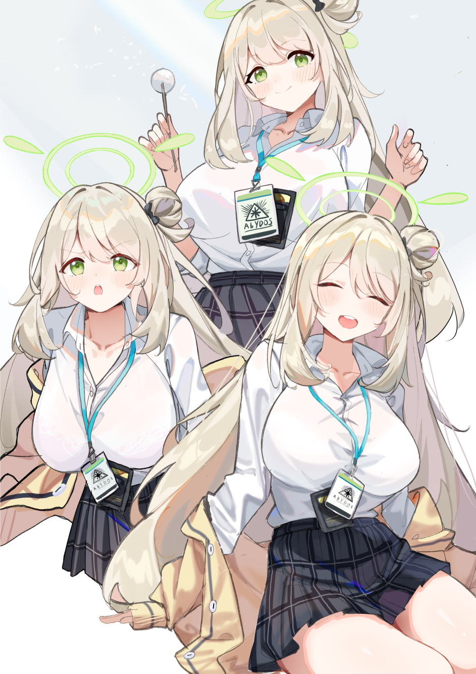 1girl, blue_archive, blush, breasts, collared_shirt, cotton_swab, etoile, green_eyes