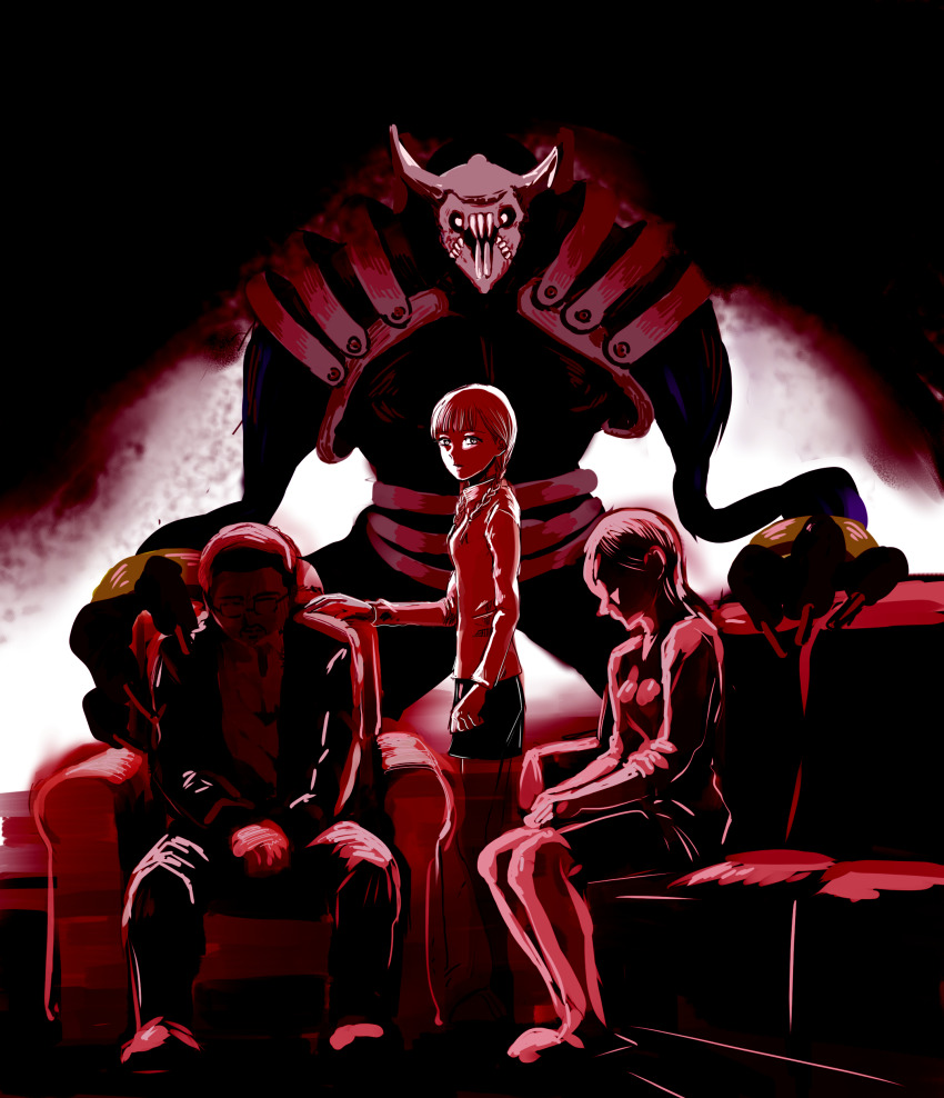 1boy, 2girls, absurdres, age_difference, arm_at_side, armchair, armor, artist_request, backlighting, black_background, blunt_bangs, braid, breasts, chair, claws, commentary, corpse, couch, dark, death, dress_shirt, expressionless, family, father_and_child, father_and_daughter, from_side, full_body, glasses, glowing, glowing_eyes, gradient_background, hair_over_shoulder, hand_on_another's_shoulder, hands_on_lap, hashibashishida, highres, horns, horror_(theme), jacket, kaizuka_hiroko, living_room, long_hair, long_sleeves, looking_at_viewer, medium_breasts, monochrome, monster, mother_and_child, mother_and_daughter, multiple_girls, narutaru, on_chair, on_couch, oni_(narutaru), open_clothes, open_jacket, own_hands_together, pants, parent_and_child, red_theme, shaded_face, sharp_teeth, shirt, sitting, size_difference, sketch, skirt, skull, small_breasts, spoilers, standing, teeth, turtleneck, twin_braids, white_background