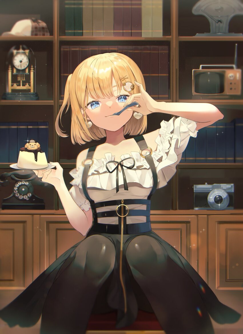 1girl, analog_clock, antique_phone, black_pantyhose, black_skirt, blonde_hair, blue_eyes, bookshelf