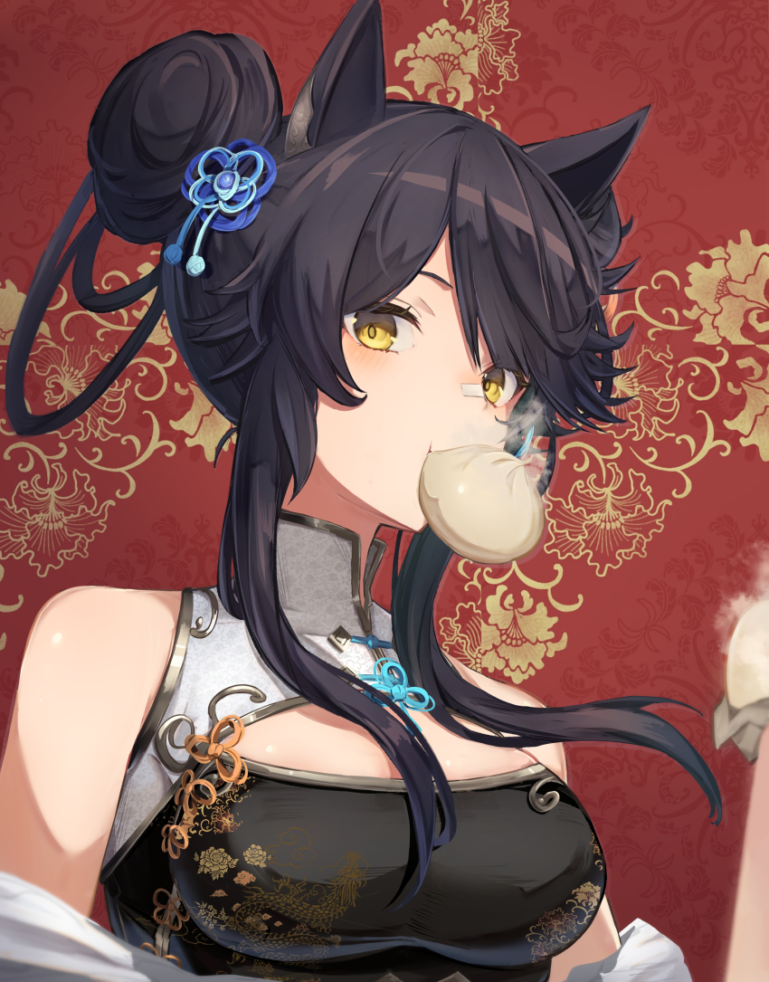 1girl, absurdres, alternate_costume, alternate_hairstyle, animal_ears, bandaid, bandaid_on_face, bandaid_on_nose, steamed_bun, bare_shoulders, black_hair, breasts, china_dress, chinese_clothes, cleavage_cutout, clothing_cutout, double_bun, dress, food, food_in_mouth, hair_bun, highres, holding, holding_food, horse_ears, horse_girl, kodoneri_(user_quk1118), looking_at_viewer, medium_breasts, narita_brian_(umamusume), red_background, sidelocks, simple_background, solo, umamusume, upper_body