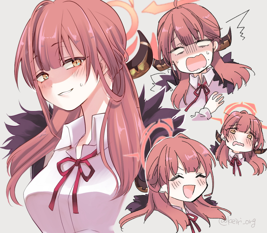 1girl, aru_(blue_archive), blue_archive, blush, brown_hair, closed_eyes, coat, coat_on_shoulders, collared_shirt, demon_horns, fur-trimmed_coat, fur_trim, grin, halo, happy, horns, keiri_org, long_hair, long_sleeves, neck_ribbon, nervous, open_mouth, red_ribbon, ribbon, shirt, smile, solo, sweatdrop, white_shirt, yellow_eyes