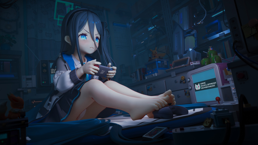 1girl, absurdly_long_hair, aqua_necktie, arcade_stick, aris_(blue_archive), bare_legs, barefoot, black_hair