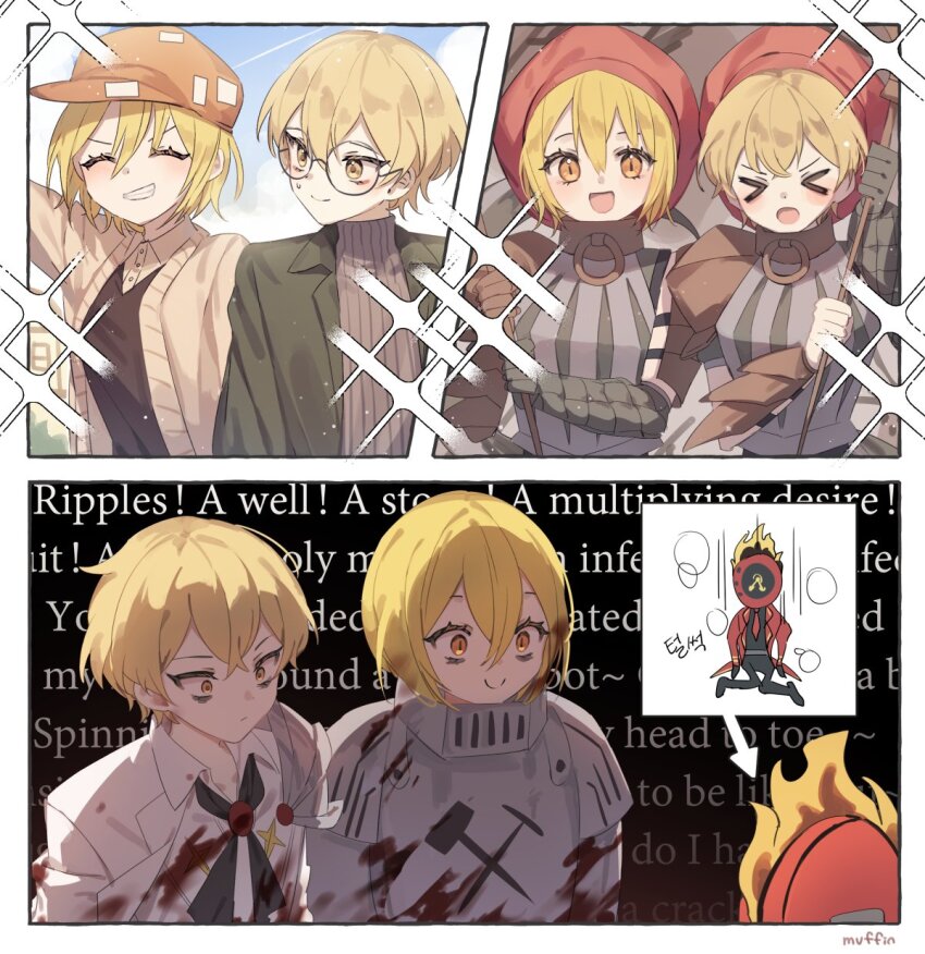 >_<, 1boy, 1girl, 1other, armor, ascot, bags_under_eyes, black_ascot