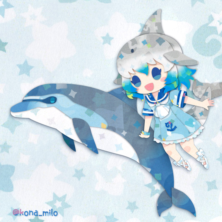 1girl, animal, blue_eyes, blue_hair, common_bottlenose_dolphin_(kemono_friends), grey_hair, kemono_friends, kikuchi_milo