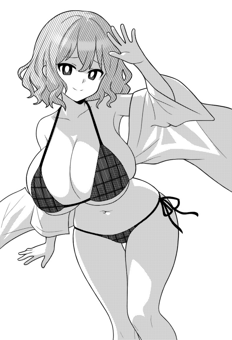 1girl, bikini, breasts, bright_pupils, cleavage, closed_mouth, commentary_request, detached_sleeves, greyscale, huge_breasts, kazami_yuuka, ketsumaimo, looking_at_viewer, monochrome, navel, plaid_bikini, plaid_clothes, short_hair, smile, solo, swimsuit, touhou, wide_sleeves