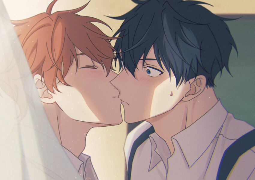 2boys, black_hair, chalkboard, classroom, closed_eyes, collared_shirt, curtains, given, highres, kiss, male_focus, mi_muuuu, multiple_boys, red_hair, satou_mafuyu, school, school_uniform, shirt, sweatdrop, uenoyama_ritsuka, yaoi