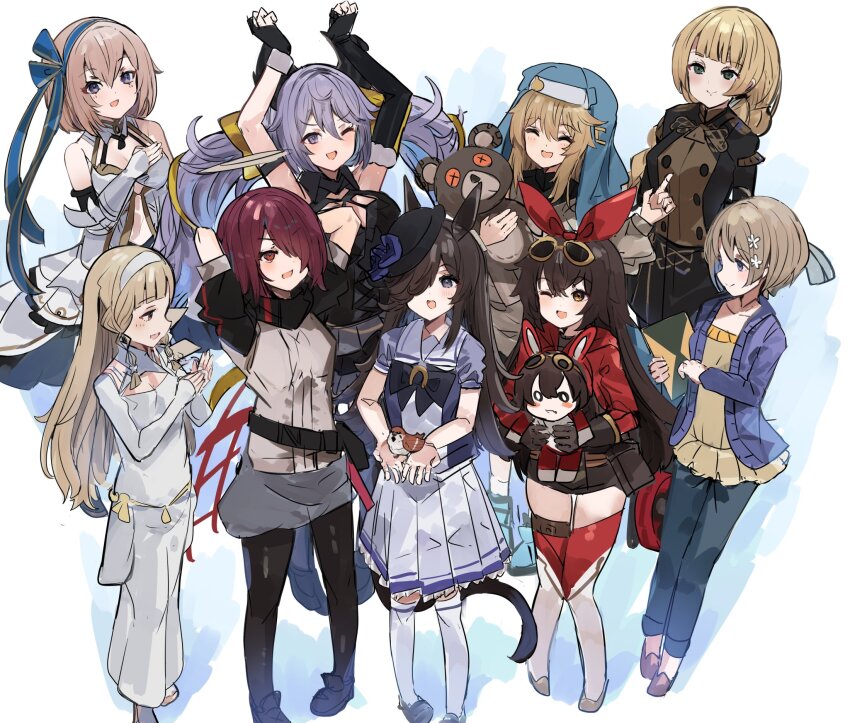 1boy, 6+girls, amber_(genshin_impact), animal_ears, arknights, baron_bunny_(genshin_impact), bird, blonde_hair