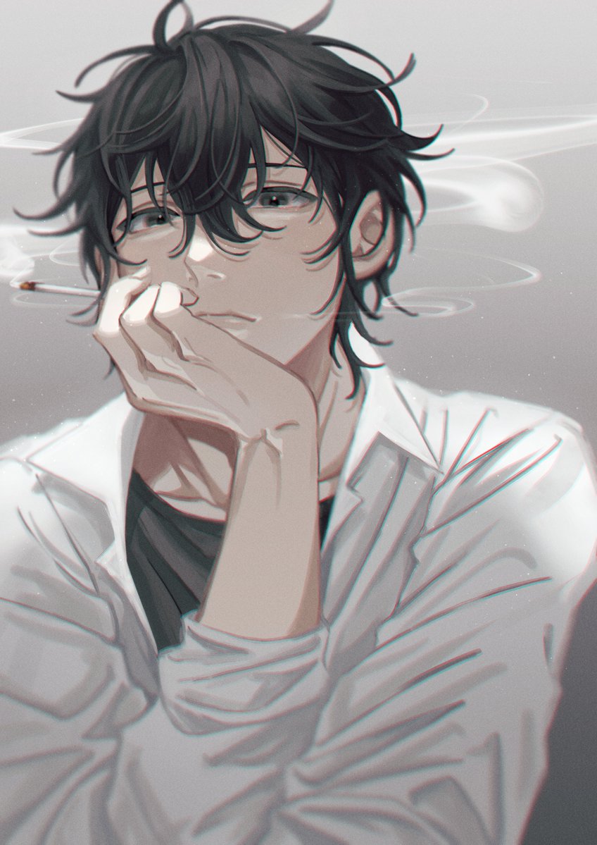 1boy, black_eyes, black_hair, cigarette, expressionless, given, grey_background, hand_on_own_face
