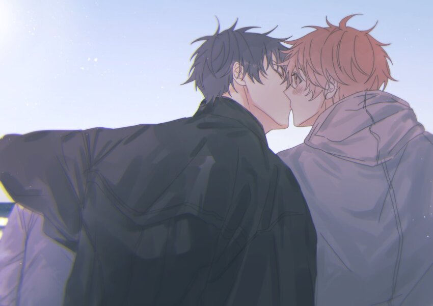 2boys, black_jacket, blue_sky, blush, closed_eyes, given, grey_hoodie, grey_pants, hood, hoodie, jacket, kiss, male_focus, mi_muuuu, morning, multiple_boys, pants, red_hair, satou_mafuyu, sky, uenoyama_ritsuka, yaoi