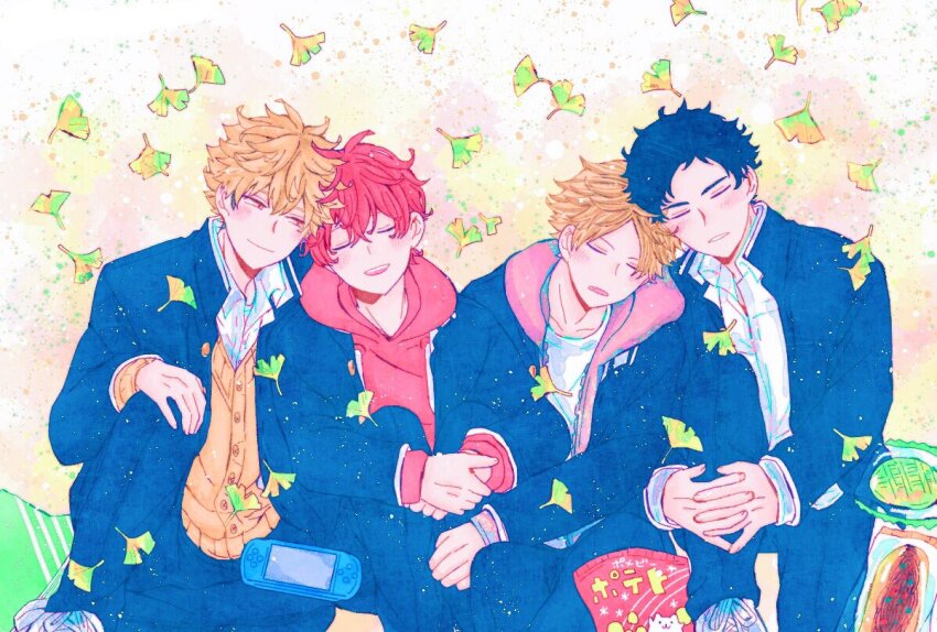 4boys, bibibimix39, black_hair, blonde_hair, blush, cardigan, closed_eyes, couple