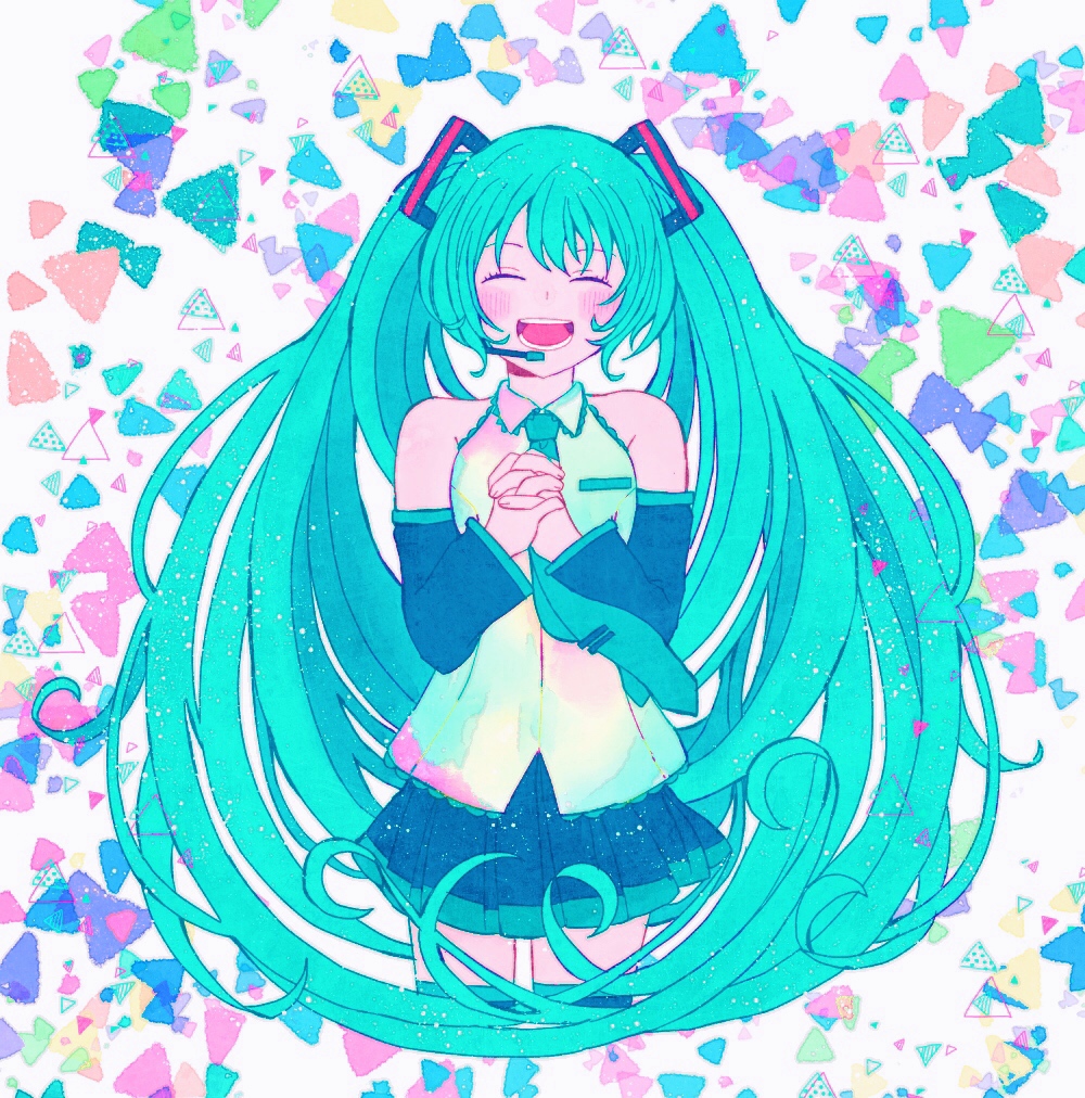 1girl, bibibimix39, black_skirt, blue_hair, blue_necktie, closed_eyes, cropped_legs, detached_sleeves, hatsune_miku, long_hair, microphone, multicolored_background, necktie, open_mouth, shirt, skirt, sleeveless, smile, solo, vocaloid, white_shirt