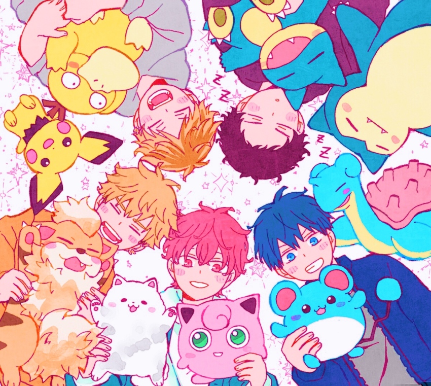 5boys, :3, bibibimix39, black_hair, blonde_hair, blue_eyes, blue_hair, blush