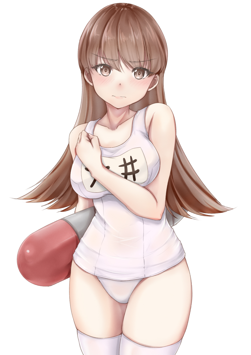 1girl, blush, brown_eyes, brown_hair, covered_navel, cowboy_shot, highres, kantai_collection
