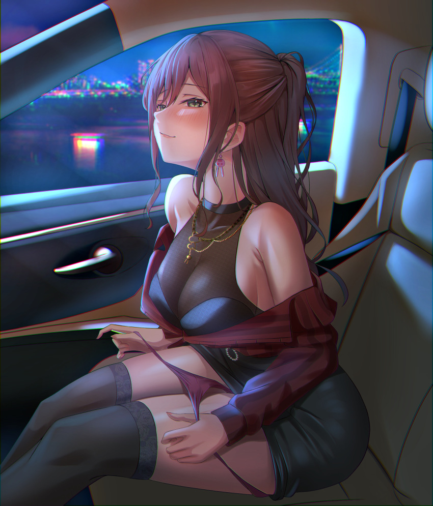 1girl, armpit_crease, bang_dream!, bang_dream!_girls_band_party!, bare_shoulders, black_shirt, black_skirt, black_thighhighs, blurry, blurry_background, blush, breasts, brown_hair, car_interior, car_seat, chromatic_aberration, cleavage, closed_mouth, commentary, earrings, feet_out_of_frame, fingernails, from_side, furiousghafo, green_eyes, hair_between_eyes, half-closed_eyes, half_updo, heart, heart_necklace, highres, imai_lisa, jewelry, large_breasts, leaning_forward, long_hair, long_sleeves, looking_at_viewer, looking_to_the_side, miniskirt, moonlight, naughty_face, necklace, night, nose_blush, off_shoulder, panties, panty_pull, pencil_skirt, pendant, pulling_own_clothes, rabbit_earrings, red_panties, red_shirt, seatbelt, see-through_clothes, shirt, sideboob, sidelocks, sideways_glance, sitting, skirt, skyline, sleeveless, sleeveless_shirt, smirk, solo, string_panties, striped_clothes, striped_shirt, thighhighs, underwear, vertical-striped_clothes, vertical-striped_shirt, wavy_hair