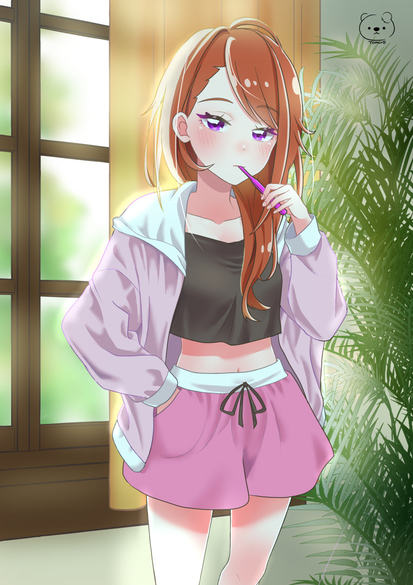 1girl, absurdres, blush, brown_hair, brushing, brushing_teeth, commentary_request, eyelashes, highres, hijiri_ageha, hirogaru_sky!_precure, jacket, long_hair, looking_at_viewer, midriff, moro_precure, navel, pink_jacket, pink_shorts, precure, purple_eyes, shorts, solo, standing, toothbrush, unkempt