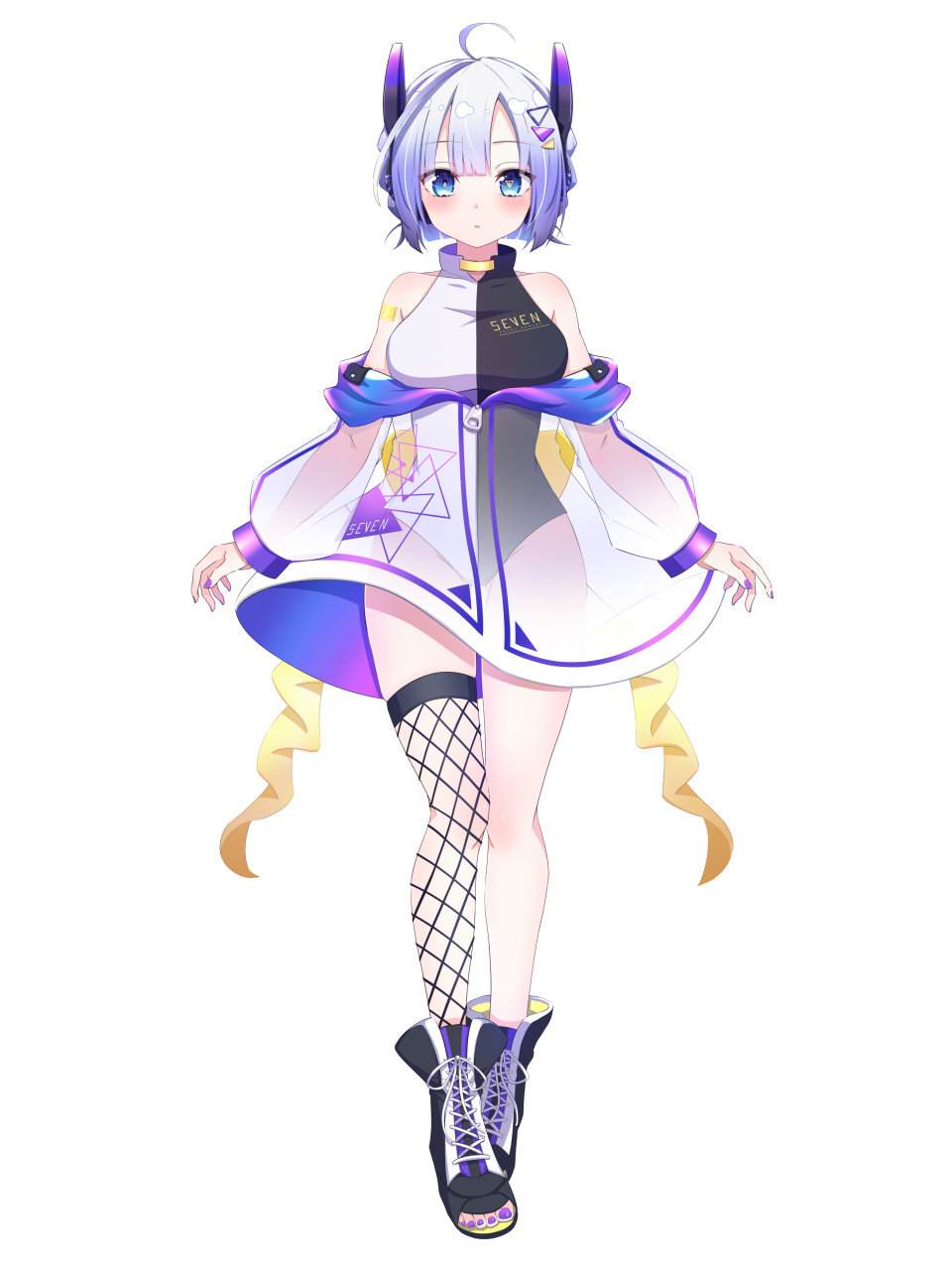 1girl, ahoge, arms_at_sides, bare_shoulders, black_leotard, blue_eyes, blue_hair, breasts