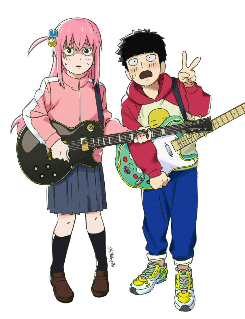 1boy, 1girl, absurdres, black_eyes, black_hair, black_socks, blue_eyes, blush, bocchi_the_rock!, bowl_cut, ch0og0o, crossover, cube_hair_ornament, ekubo_(mob_psycho_100), gotoh_hitori, guitar, hair_between_eyes, hair_ornament, highres, holding, holding_instrument, hood, hood_down, hoodie, instrument, jacket, kageyama_shigeo, loafers, long_hair, long_sleeves, looking_at_viewer, male_focus, mob_psycho_100, one_side_up, open_mouth, pants, pink_hair, pink_jacket, school_uniform, shoes, short_hair, simple_background, skirt, socks, sweat, track_jacket, v, white_background