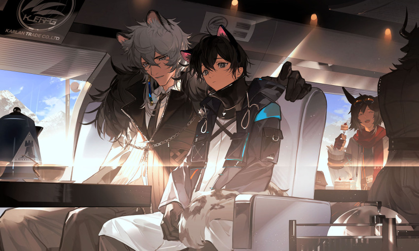 4boys, :d, akai_999, animal_ear_fluff, animal_ears, arknights, black_coat, black_hair, black_necktie, brown_eyes, cake, cake_slice, cat_ears, cherry, coat, courier_(arknights), courier_(new_routes)_(arknights), cow_boy, cow_horns, doctor_(arknights), food, fruit, fur-trimmed_coat, fur_trim, goggles, goggles_on_head, grey_eyes, grey_hair, hair_between_eyes, hand_on_another's_shoulder, highres, hood, hood_down, hooded_coat, horns, hugging_tail, kettle, kjerag_logo, long_sleeves, male_doctor_(arknights), male_focus, matterhorn_(arknights), medium_hair, mountain, multiple_boys, necktie, official_alternate_costume, one-armed_hug, open_mouth, rhodes_island_logo_(arknights), short_hair, silverash_(arknights), sitting, smile, snow_leopard_boy, snow_leopard_ears, snow_leopard_tail, tail, tail_wrap, train, train_interior