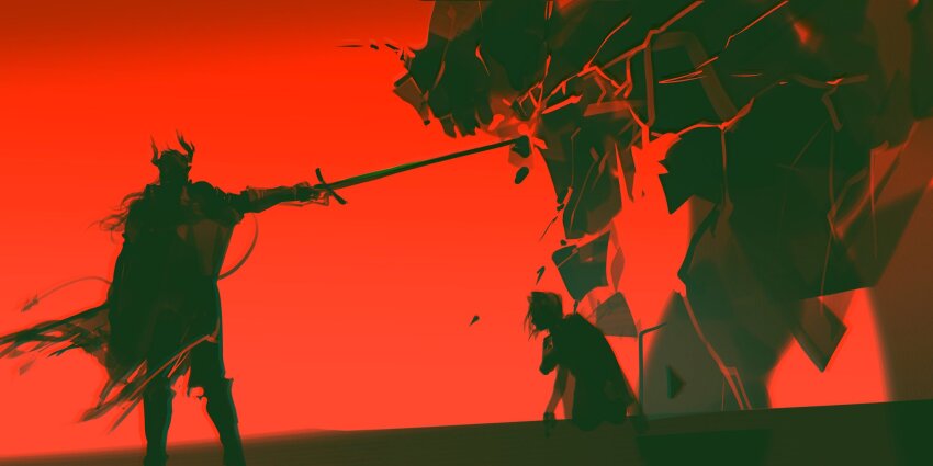 1boy, 1girl, akai_999, arknights, cape, from_side, full_body, highres, holding, holding_sword, holding_weapon, kneeling, limited_palette, mandragora_(arknights), manfred_(arknights), monochrome, pointing_melee_weapon, pointing_sword, red_background, spoilers, sword, weapon