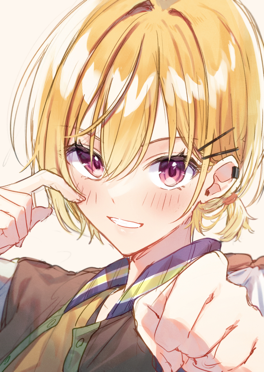 1girl, blonde_hair, blush, chobo_ume, clenched_hand, fist_bump, grin, hair_ornament