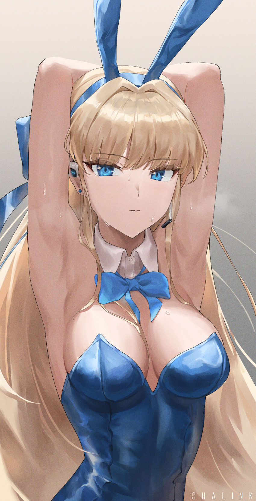 1girl, absurdres, animal_ears, armpits, arms_up, artist_name, blonde_hair, blue_archive