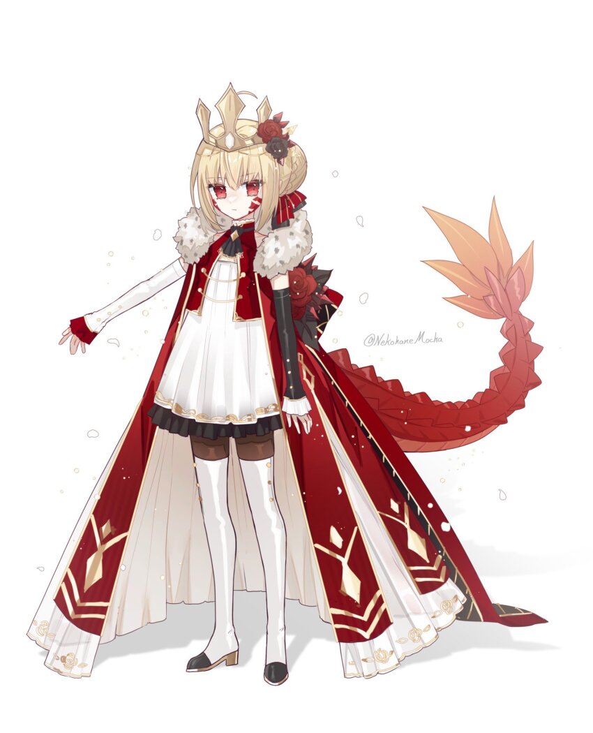 1girl, blonde_hair, boots, braid, bun_with_braided_base, cape, crown, dragon_tail