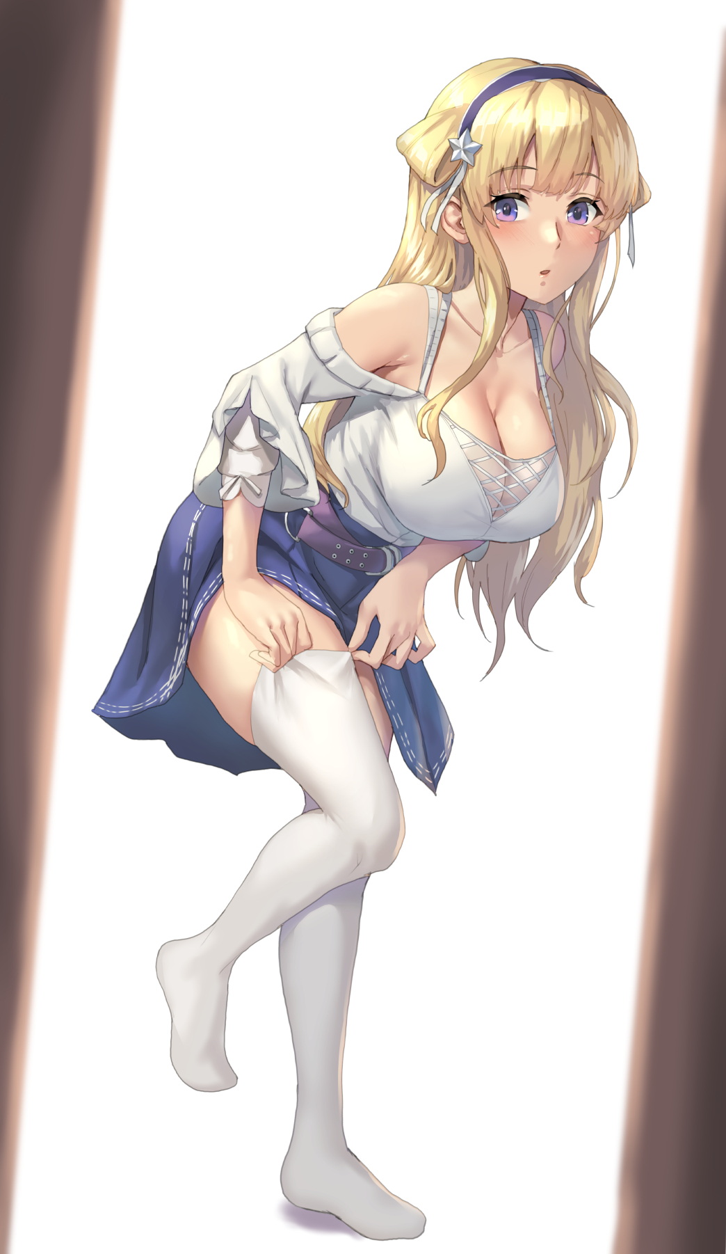 1girl, blonde_hair, blue_skirt, blush, breasts, cleavage, collarbone, fletcher_(kancolle)