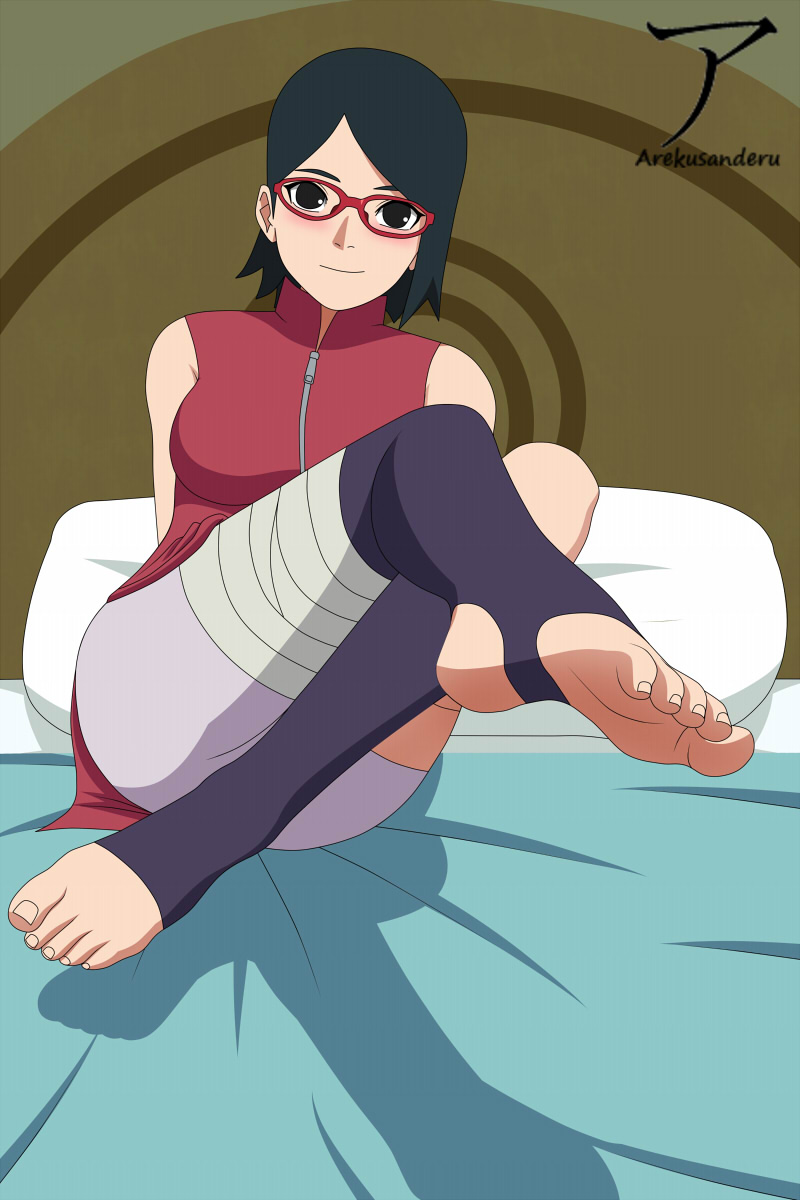 1girl, arekusanderu, bed, black_eyes, black_hair, blush, boruto:_naruto_next_generations, crossed_legs