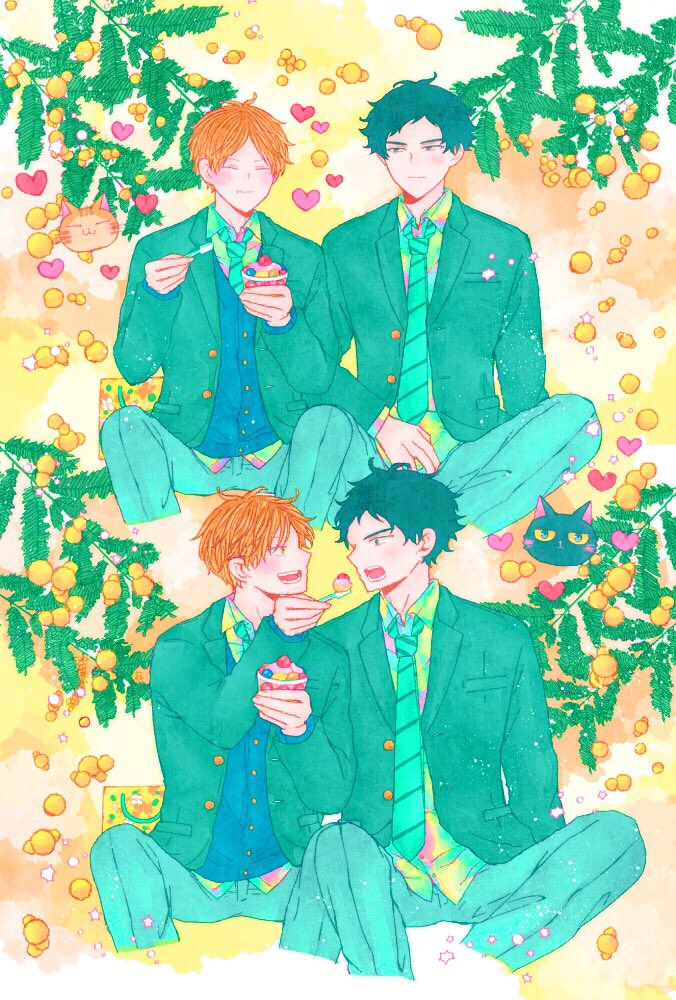 2boys, bibibimix39, black_cat, blush, cat, closed_eyes, closed_mouth, eating