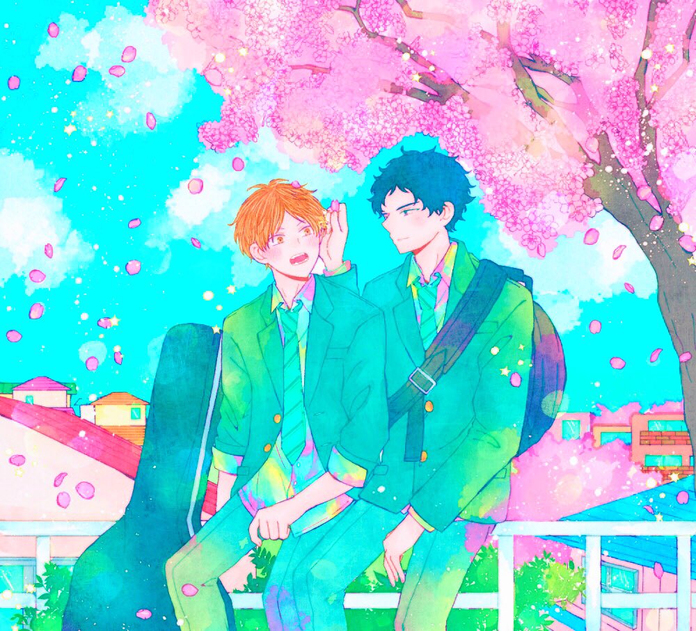 2boys, bibibimix39, black_hair, blonde_hair, blush, cherry_blossoms, expressionless, falling_petals
