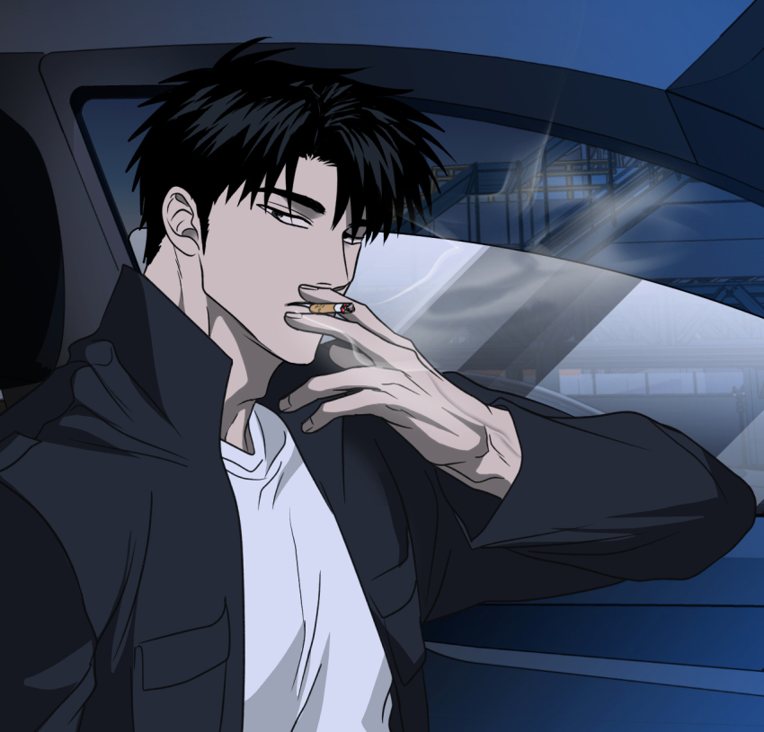 0lkyou, 1boy, black_hair, black_jacket, car, car_interior, cigarette, highres