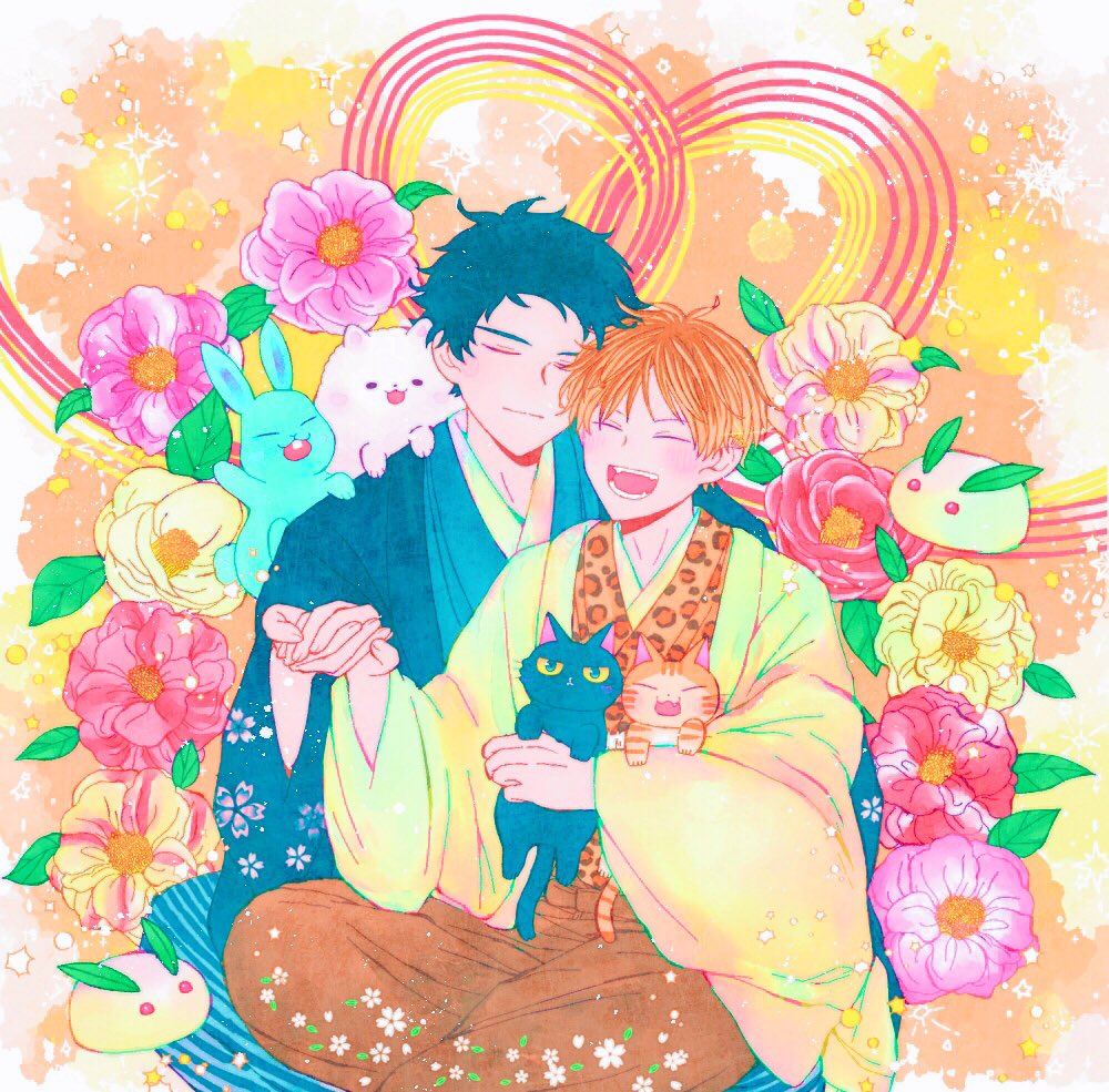 2boys, animal_print, bibibimix39, black_cat, cat, floral_background, given, japanese_clothes, kashima_hiiragi_(given), kedama_(given), leaf, leopard_print, light_smile, lying_on_person, male_focus, multiple_boys, open_mouth, orange_cat, rabbit, smile, yagi_shizusumi_(given), yaoi