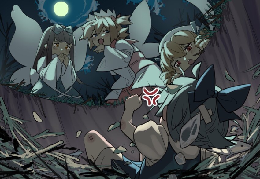 4girls, anger_vein, bandaid, bandaid_on_head, blonde_hair, blue_bow, blue_dress, blue_eyes