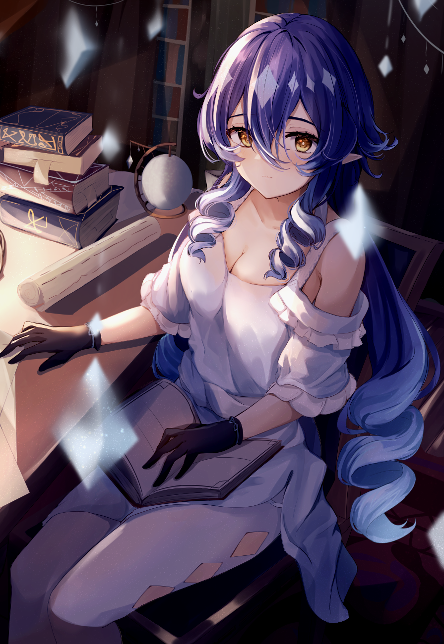 1girl, bare_shoulders, belt, black_gloves, blue_hair, blurry, blush, book